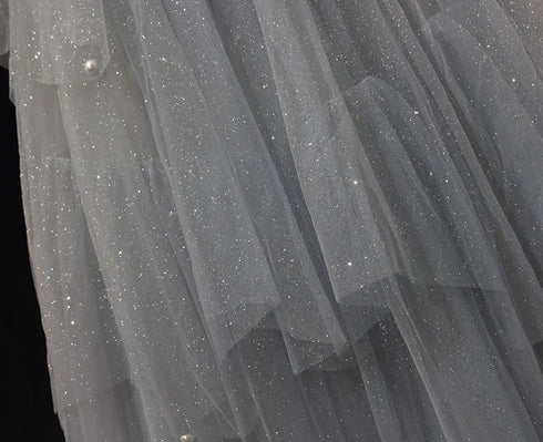 Light Blue Tulle Ball Gown Wedding Dress - Off-Shoulder Wedding Dress - Beaded Corset Back Wedding Dress Plus Size